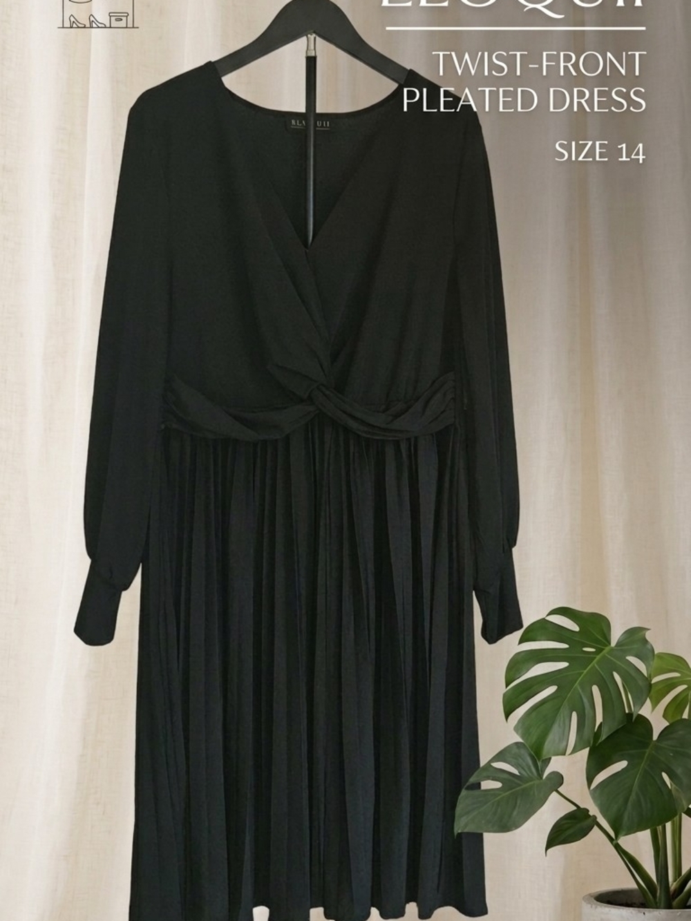 ELOQUII Black Twist-Front Pleated Midi Dress Long Sleeve V-Neck Plus Size - Picture 2 of 13